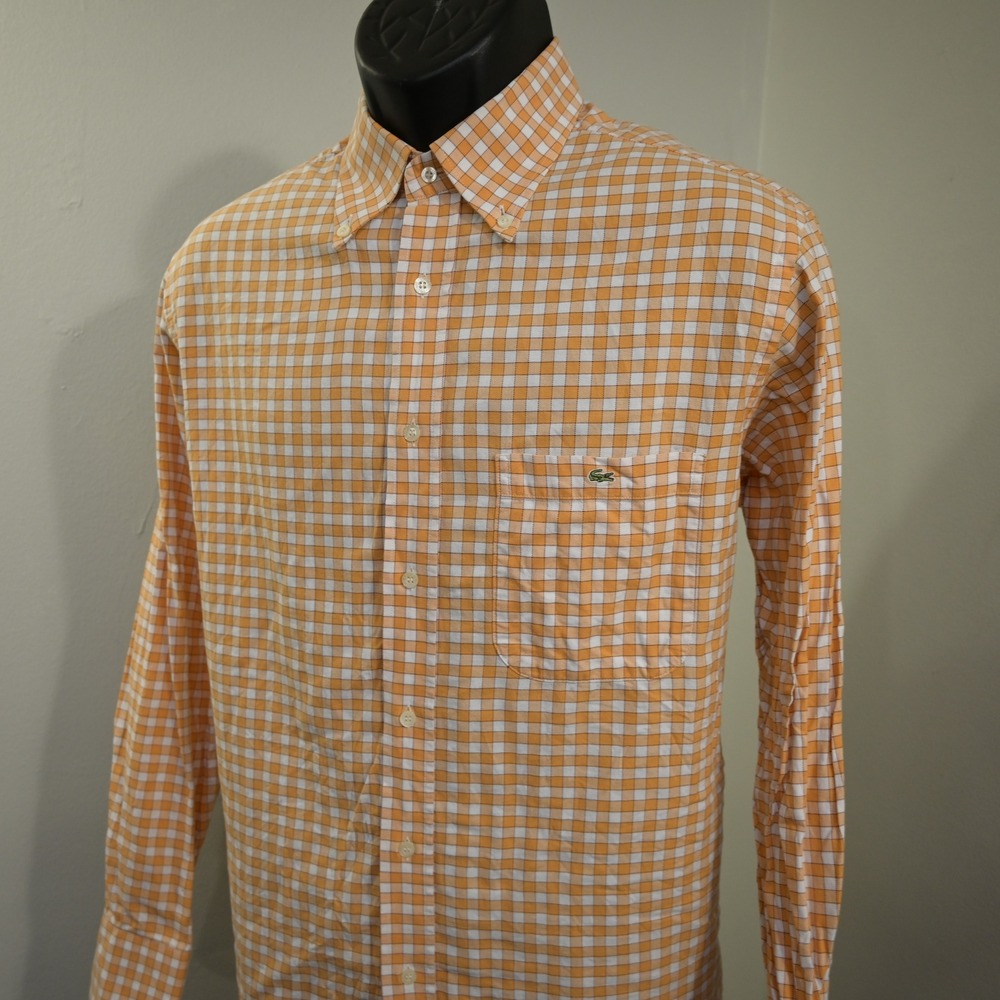 Lacoste Button Up Dress Shirt Mens 42 Orange White Gingham Plaid Long Sleeve